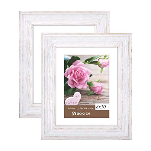 Product Cover Boichen 8x10 Picture Frames Rustic Solid Wood High Definition Glass for Tabletop Display and Wall Mounting Photo Frame White 2 Pack