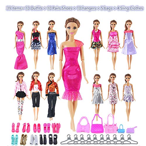 Product Cover UCanaan 39Pcs Doll Clothes and Accessories for 11.5'' Barbie Dolls (Includes 10 Set Random Pattern Casual Fashion Dresses + 10 Pairs Shoes + 10 Hangers + 5 Pcs of Bags + 4 Sling Clothes)