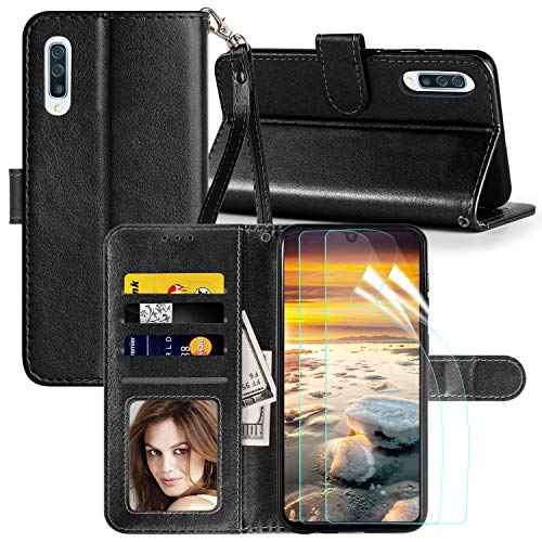 Product Cover Axiay Samsung Galaxy A50 Case with 2 Pack HD Screen Protector,Leather Wrist Strap Wallet Flip Case,Magnetic Clasp Card Slots Dual Layers Shockproof Protective Phone Cover,Black
