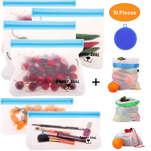 Product Cover Saver Seal PREMIUM Reusable Storage Bags (6 Pack) + BONUS Produce Bags and Silicone Sponge | Ideal for Sandwich, Snacks, Kids Lunch, Meal Prep | Eco Friendly with Extra Wide Leakproof Ziplock Tops