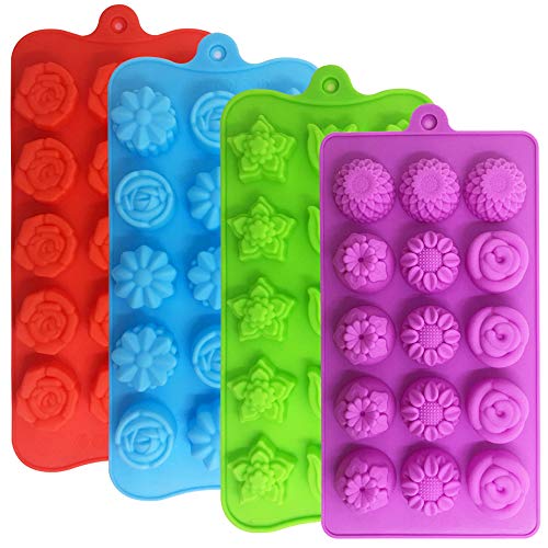 Product Cover 4 PACK Flower Shape Chocolate Candy Molds Set,DanziX Silicone 15 Cavity Baking Mold Ice Cube Tray for Wedding,Festival,Parties and DIY Crafts-Green,Blue,Red and Purple