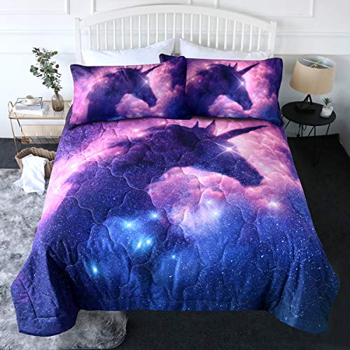 Product Cover BlessLiving 3 Piece Galaxy Unicorn Comforter Set with Pillow Shams Space Bedding Set 3D Designs Reversible Comforter Queen Size Bedding Sets Soft Comfortable Machine Washable, Purple Blue and Pink