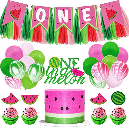 Product Cover Watermelon Birthday Party Decorations One In A Melon Cake Topper Watermelon Cupcake Topper Melon Balloon 1st Bday High Chair Banner for Summer Fruit Themed First Birthday Party Supplies Glitter Decor