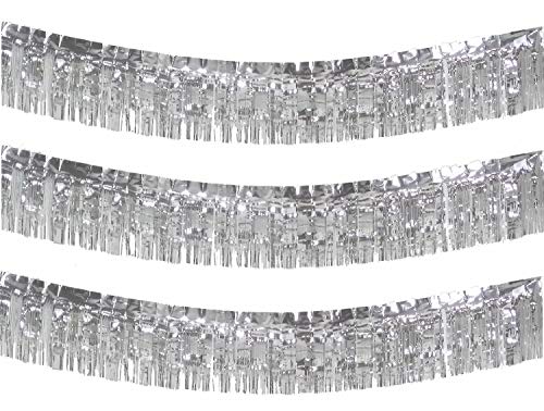 Product Cover 10 Feet Long Roll Foil Fringe Garland - Pack of 3 | Shiny Metallic Tassle Banner | Ideal for Parade Floats, Bridal Shower, Wedding, Birthday | Wall Hanging Fringe Garland Banner (Silver)