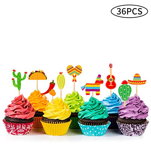 Product Cover 36 Pcs Fiesta Cupcake Topper Mexican Theme Cake Decoration for Mexican Themed Cactus Donkey Taco Pepper Sombrero Mustache Party Decorations
