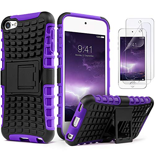 Product Cover IDweel iPod Touch 7 Case with 2 Screen Protectors,iPod 6 Case,iPod 5 Case, Heavy Duty Dual Layer Shockproof Hybrid Rugged Cover Case with Built-in Kickstand for Apple iPod Touch 5/6/7th Gen, Purple