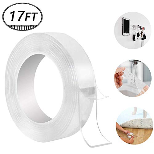 Product Cover Washable Adhesive Tape, Hompie 17FT Traceless Reusable Clear Double Sided Anti-Slip Gel Pads,Removable Sticky Transparent Strips Grip for Glass, Metal, Kitchen Cabinets or Tile-5.2m