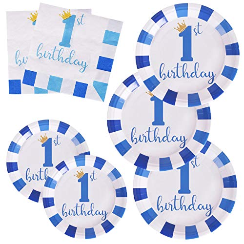 Product Cover 200Pcs Boys First 1st Birthday Paper Plates and Napkins Dessert Disposable 9 inch 7 inch Blue Decorations Party Supplies for Kids Boy (for 1st Birthday Blue)