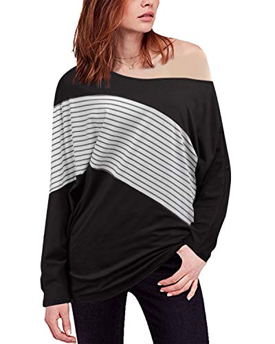 Product Cover II ININ Women's Off Shoulder Tops, Casual Batwing Long Sleeve Sweatshirts Loose Patchwork T Shirts