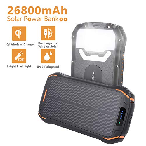 Product Cover Solar Charger 26800mAh, 15W Qi Wireless Charger Power Bank with 3.1A Outputs and Flashlight,IP66 Rainproof External Battery Pack for iPhone, iPad & Samsung Galaxy & More