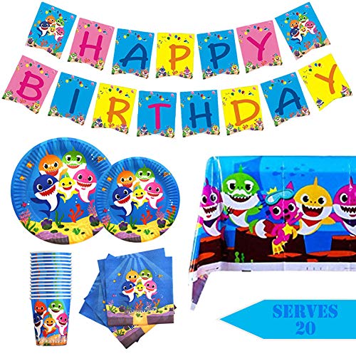 Product Cover Humfoo 82Pcs Shark Birthday Party Supplies and Decorations Birthday Paper Plates,Cups,Napkins,Tablecloth,Shark Birthday Banner,Serves 20