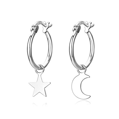 Product Cover Asymmetrical Star Moon Dangle Hoop Earrings for Women Teen Girls S925 Sterling Silver White Gold Plated Charms Tiny Star Crescent Moon Drop Dangling Polished Cartilage Leverback Earrings Cute Jewelry