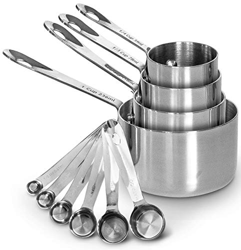 Product Cover Heavy-Duty Unbreakable 18/8 Stainless Steel Measuring Cups and Spoons Set with Long Riveted Handles, Polished Stackable Measuring Cup and Measuring Spoon, Built to Last a Lifetime - Set of 10
