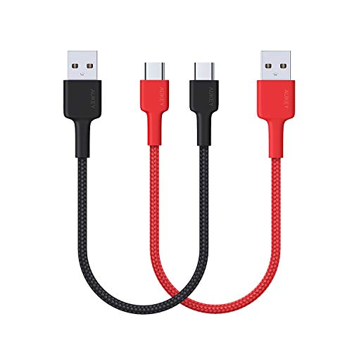 Product Cover Short USB C Cable AUKEY (0.7ft 2 Pack) USB Type C Cable 0.2m Fast Charging Cord for Samsung Galaxy Note9 S10 S10+ S9 S8, LG V40 V30 G6 G5, HTC U12+ 10, Power Bank, Portable Charger - Red Black