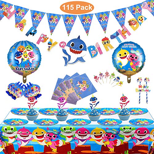 Product Cover Set of 115 Pcs Shark Party Supplies Set,Shark Baby Birthday Decoration, Shark Party Decoration, Children Carnival Party Supplies Decoration