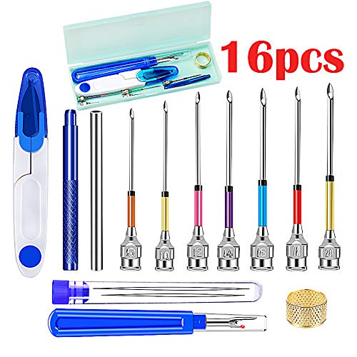 Product Cover 16 Pieces Punch Needle Tool, 7 Sizes Embroidery Punch Needle, Embroidery Tool Case, Big Seam Ripper, Scissors, Threader and Thimble for Embroidery Floss Poking Cross