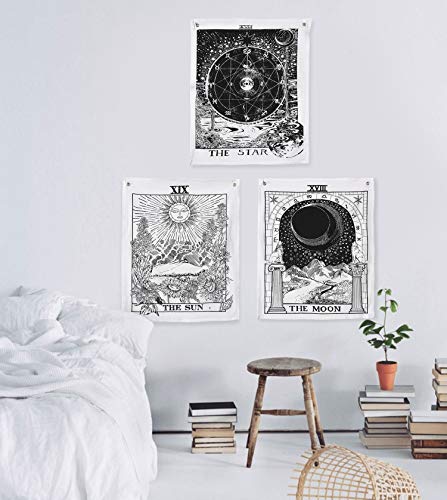 Product Cover Madhu International Tarot Tapestry The Moon The Star The Sun Tapestry Hippie Cotton Printed Handmade Wall Hanging Mysterious Wall Tapestries With Steel Grommets (Pack of 3, 20