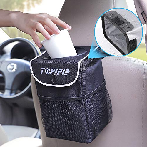 Product Cover Tchipie Car Trash Can Garbage Bin, Vehicle Trash Bag Hanging, Auto Trash Container Trashcan, Truck Trash Can with Lid and Storage Pockets 1.24 Gallons - Waterproof, Removable and Washable Liner