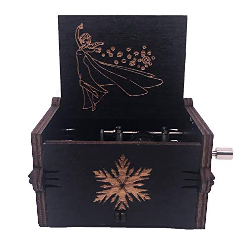 Product Cover Tiny Music Box 18 Note Hand Crank Musical Box Carved Wooden,Play Let it Go (Black)