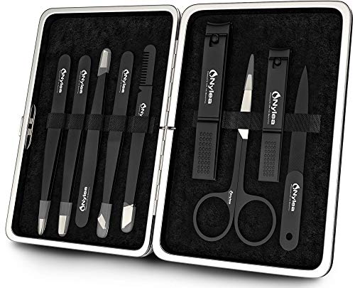 Product Cover Nylea 9pcs Precision Tweezers & Nail Clippers Set [Stainless Steel] Pedicure Scissors, Toenails Cuticle Cutter Clipper Fingernails Grooming Kit for Men & Women Eyebrows Facial Hair [Free Leather Case]