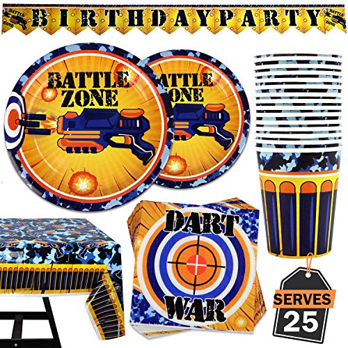 Product Cover 102 Piece Dart War Party Supplies Set Including Banner, Plates, Cups, Napkins, and Tablecloth, Serves 25
