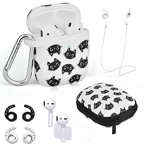 Product Cover Airpods Case - Airspo 7 in 1 Airpods Accessories Set Compatible with Apple Airpods 1 & 2 Protective Silicone Cover Floral Print Cute Case (White+Cat 7 in 1)