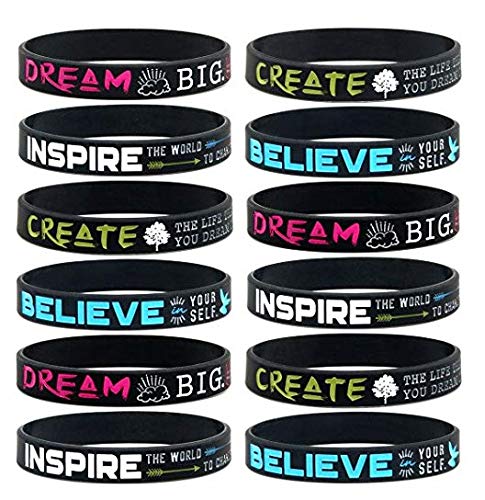 Product Cover Inspirational Wristbands, Party Favors for Teens, Sweet 16, Dance, Gymnastics and Cheerleading Gifts for Girls | Motivational Quote Message Bracelet for Women, Silicone (12 Pack)