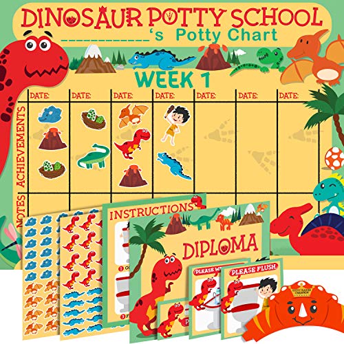 Product Cover Potty Training Chart for Toddlers - Dinosaur Theme - Sticker Chart - Celebratory Diploma, Crown and Book - 4 Week Potty Chart for Boys and Girls - Potty Training Sticker Chart