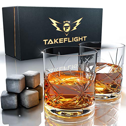 Product Cover Whiskey Glasses and Whiskey Stones - Premium Whiskey Glass Set, 2 Ornate Style Glasses for Scotch or Bourbon in Gift Box | Bar Set for Man Cave, Gift for Man or Woman