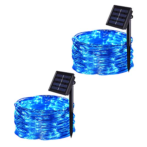 Product Cover JMEXSUSS 2 Pack 8 Modes 100 LED 32.8ft Solar Powered Waterproof Fairy String Copper Wire Lights for Christmas, Bedroom, Patio, Wedding, Party (Blue)