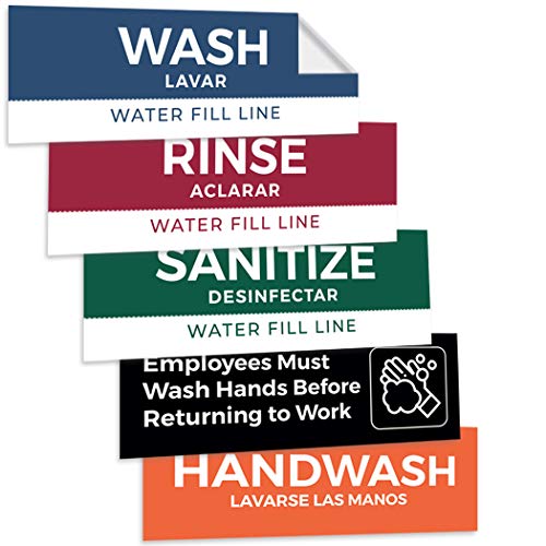 Product Cover Pixelverse Design - Wash Rinse Sanitize Handwash Stickers - Great for Restaurants, Commercial Kitchens, 3 Sink Compartments - 3x9 Inches - 5 Pack Set - Includes Bonus Employee Must Wash Hands