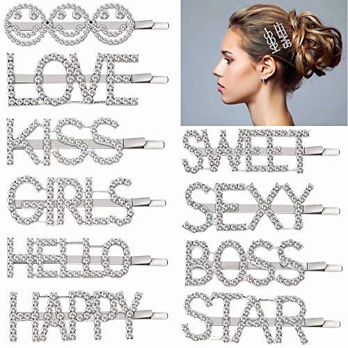 Product Cover SWCCT 10PCS Sparkly Letter Hair Clip Word Barrettes Pins Crystal Bobby Pins Bling Handmade Luxury Rhinestones Hair Jewellery Headwear Accessories Jewelry for Women Girls