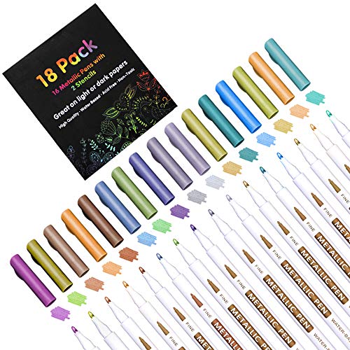 Product Cover 18 Pack Metallic Marker Pens, Lineon 16 Colors Fine Tip Paint Pens with 2 Stencils for DIY Craft Photo Album Rock Art Painting Card Making Glass Wood