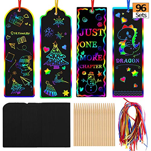 Product Cover Augsun 96 Set 3 Style Magic Scratch Rainbow Bookmarks Making Kit for Kids Students Party Favor Scratch Paper DIY Bookmarks Bulk with Bamboo Stylus, Colorful Satin Ribbons for Classroom Activities