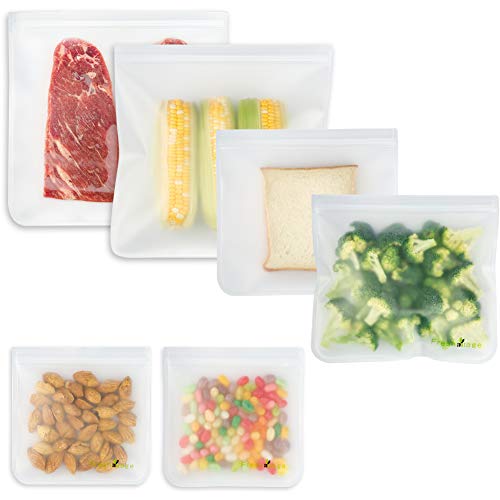 Product Cover Freshmage 6 Pack Reusable Storage Bags - 2 Reusable Big Meat Bags, 2 Sandwich Bags and 2 Snack Bags Leakproof Freezer Bags for Steak, Liquid, Fruit, Snack, Thick Ziplock Bags Food Safety BPA FREE
