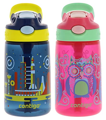 Product Cover Contigo AUTOSPOUT Kids, 2 Pack - Straw Gizmo Flip, 14oz - Leak and Spill Proof Bottles, Ideal Kids Water Bottle for Home or Travel - Easy-Clean, Dishwasher Safe - Press Button For Pop Up Straw