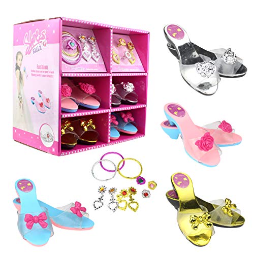 Product Cover Princess Dress Up Set 4 Pairs of Shoes + Fashion Jewelry Accessories Little Girl Role Play Fashion Beauty Gift Set for Girls Ages 3-10 (4 Pairs Slippers and Jewelry Set)