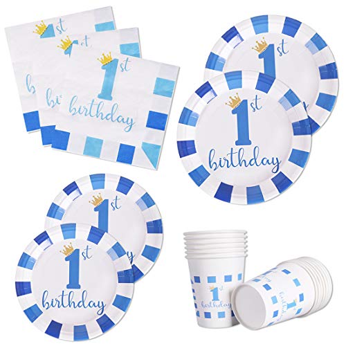 Product Cover Boys First 1st Birthday Party Supplies Disposable Dinnerware Set Serves 24 Dinner Paper Plates Napkins Cups Decoration for Kids Boys, 120 PCS(For 1st Birthday Blue)
