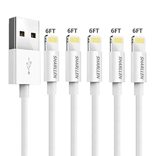 Product Cover iPhone Charger Cable,Sharllen 5 Pack 6FT MFi Certified Fast USB Charging & Sync Lightning Cable Long iPhone Charging Cable Cord Compatible iPhone XS/Max/XR/X/8/8 Plus/7/7 P/6/6 P/6S iPad White (6FT)