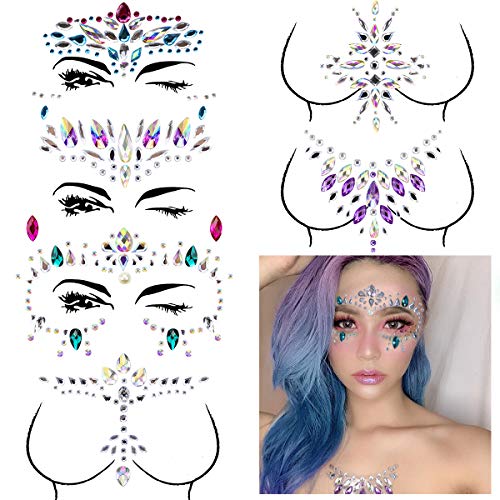 Product Cover Face Gems - 6 Sets Women Mermaid Face Jewels with Chest Gems, Crystals Face Jewels Stick on Eyes Face Body Fit for Festival Music Party Makeup
