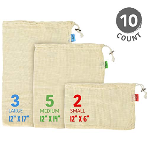 Product Cover Maqma Upgraded Reusable Produce Bags (10 Pack)| Organic Cotton Double-Stitched Mesh Grocery Bags | Eco-Friendly Replacement to Plastic Bags | 3 Sizes Shopping Bags - Small, Medium, Large