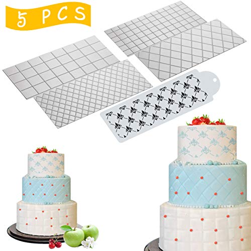 Product Cover Wedding Cake Stencil Template, Kissbuty 5 Pcs Cake Decorating Embossing Plastic Spray Floral Cake Cookie Fondant Side Baking Mesh Stencil Mat Wedding Decor Tools (Diamond Quilted Grid Texture)