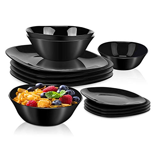 Product Cover DANMERS 12-Piece Dinnerware Set Black Kitchen Dinner Set Service for 4, Square Glass Plates Bowls Set Crack Resistant