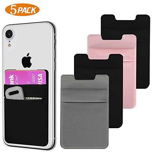 Product Cover SHANSHUI Card Holder for Back of Phone, Double Stretchy Lycra 3-m Adhesive Phone Wallet Stick on Credit Card Holder Pocket Pouch for iPhone and Most Smartphones (MultiColors-5Pack)