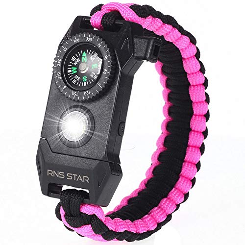 Product Cover RNS STAR Paracord Survival Bracelet 6-in-1 - Hiking Gear Traveling Camping Gear Kit - 70% Bigger Compass LED SOS Emergency Function Flashlight,Fire Scrapper,Flint Fire Starter,Survival Knife (Pink)