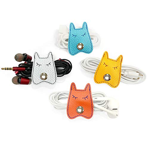 Product Cover Cassenger 4 Pieces Dog Shaped Leather Cord Keeper Management for USB Cable Headphone Wire,Cable Organizer Snaps with Leather Handmade(Orange/White/Cyan/Yellow)