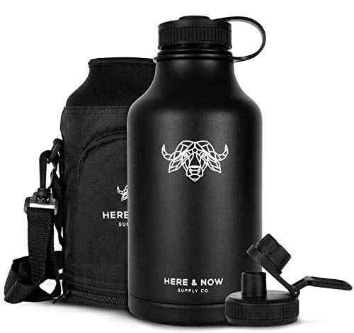 Product Cover Growler for Beer & Water | 64 oz Double Wall Vacuum Insulated Stainless Steel Thermos Bottle | Jug for Hot & Cold Beverages | Carry Case with Pocket Included | by Here & Now Supply Co. (Black)