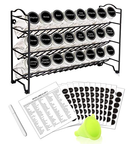 Product Cover SWOMMOLY Spice Rack with 24 Empty Square Spice Jars, 396 Spice Labels with Chalk Marker and Funnel Complete Set, for Countertop, Cabinet or Wall Mount