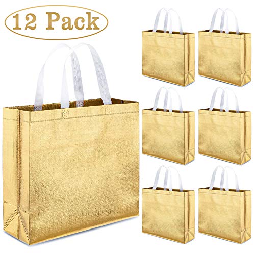 Product Cover Whaline Set of 12 Glossy Reusable Grocery Bag, Tote Bag with Handle, Non-woven Stylish Present Bag, Gift Bag, Goodies Bag, Shopping Promotional Bag, for Christmas Party, Event, Birthday (Gold)