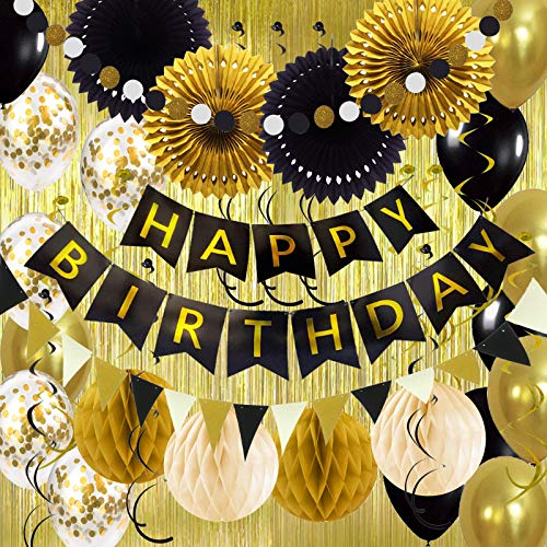 Product Cover Air Fit Gold and Black Birthday Party Decorations Set Pack Supplies Birthday Garland Banner Bunting with 52 Pieces For Man and Women Gold Foil Curtains Birthday Party Decorations Supplies Pack